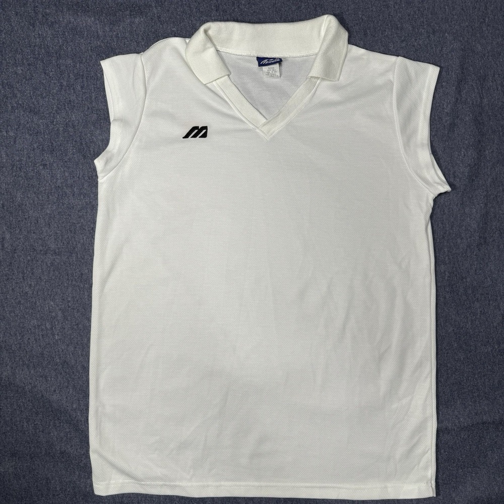 Mizuno Women's Large White Collard Sleeveless Shirt V-neck Preppy Fit Sports